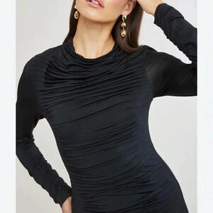 ELIE TAHARI Womens Pleated Detail MatteJersey Long Sleeve Black Top Sz L Classic